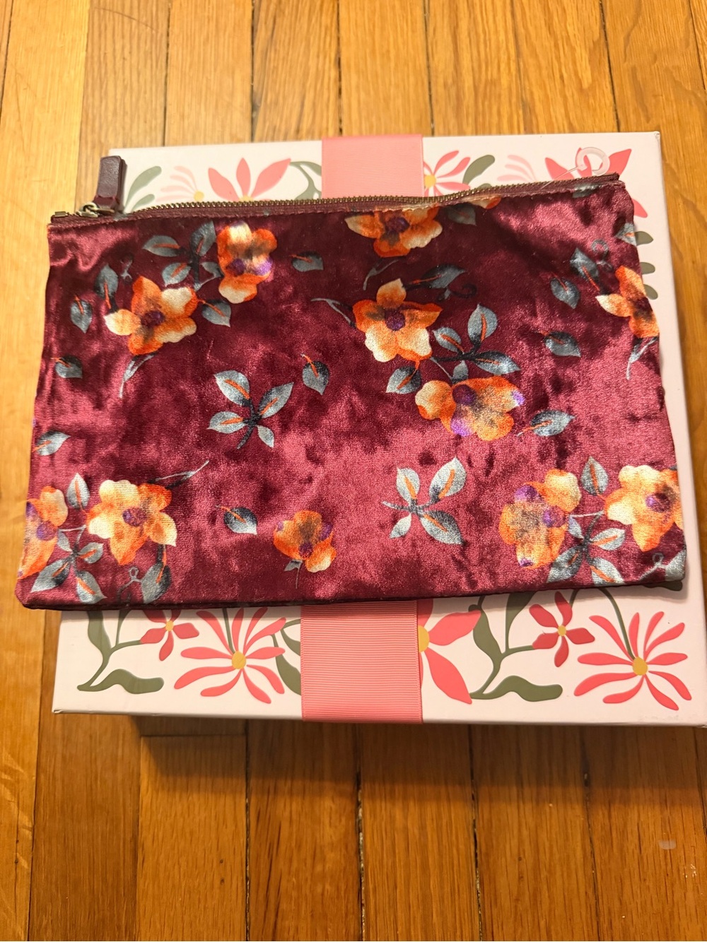 Remi & Reid Velvet Floral Zip Cosmetics or Clutch Bag- Burgundy Floral
